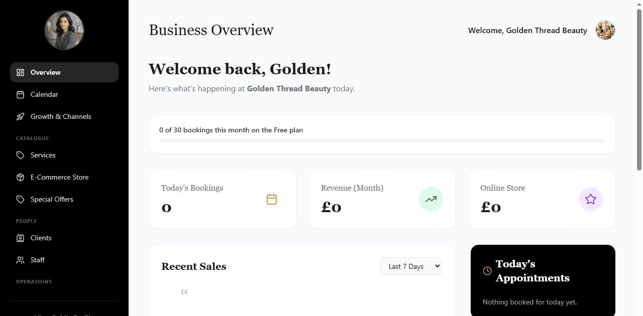 Turkan Abla business dashboard showing booking, revenue, store and appointment summaries