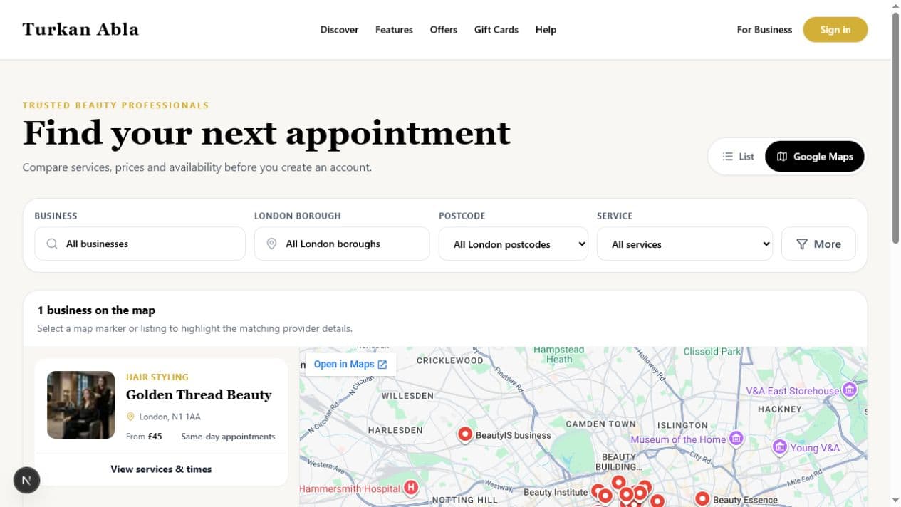 Turkan Abla Discover filters and Google Maps results
