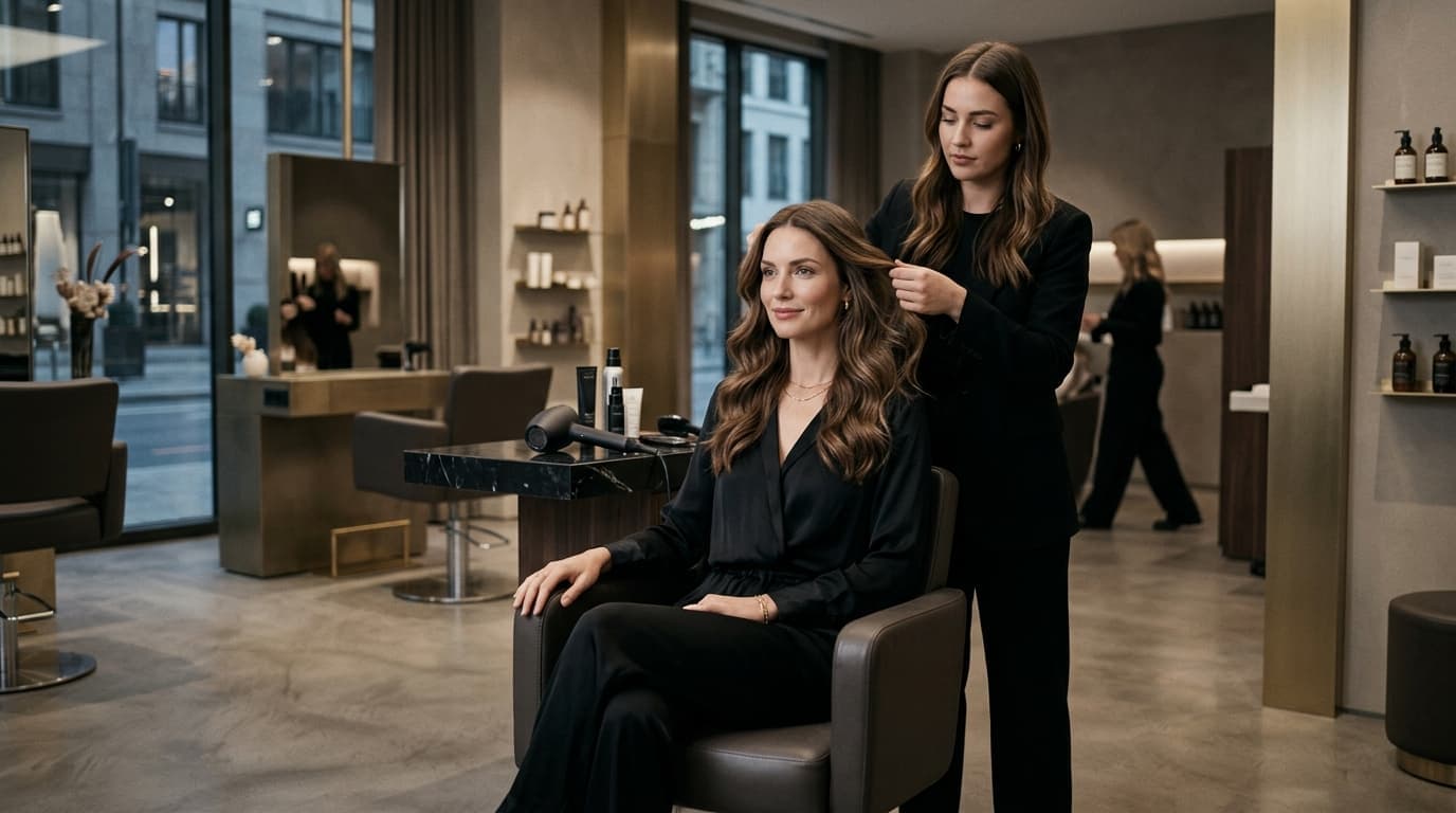 A client having her hair styled in a salon